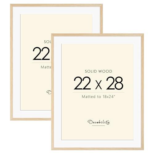 Decobility 22x28 Solid Wood Poster Frame, Natural Wood Picture Frame with Paper Mat, Display picture 18x24 with mat or 22x28 without Mat, Set of 2 Oak Wood Grain Picture Frame