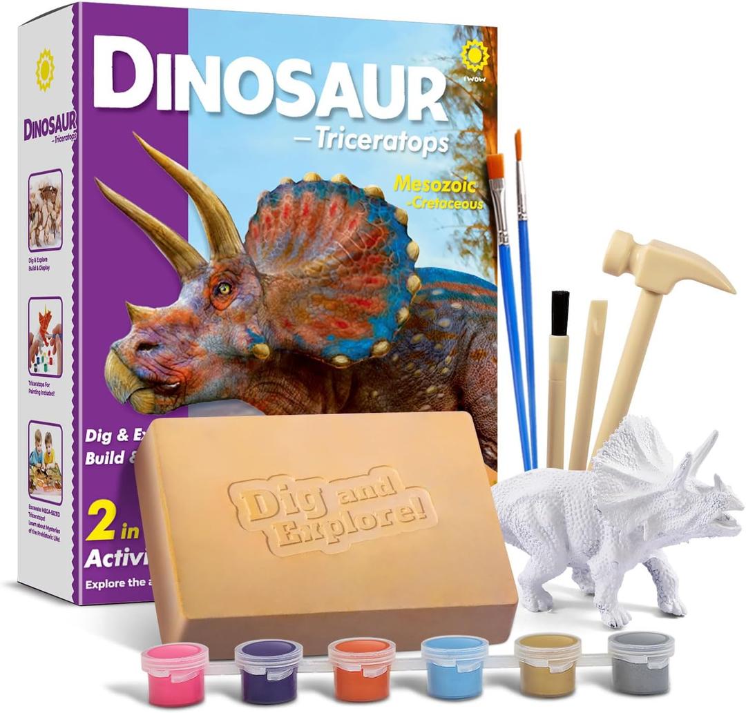 Dinosaur Triceratops Fossil Digging Kit for Kids 6+, 2-in-1 Dig & Build Educational Toy, Excavation Adventure with Paintable Model, Complete Paleontology Gift Set