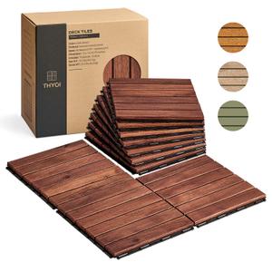 10 Pcs Interlocking Deck Tiles, Waterproof Acacia Wood Patio Flooring for Balcony & Outdoor Use (Dark Brown - Normal Base, 10 Pcs - 12.1 Square Ft)