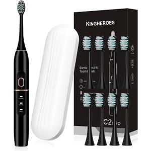 kingheroes Electric Toothbrush Set, Comes with 8 Brush Heads & Travel Case,4 Modes with 2 Minutes Built in Smart Timer, One Charge for 60 Days, 42000 VPM Motor (Black)