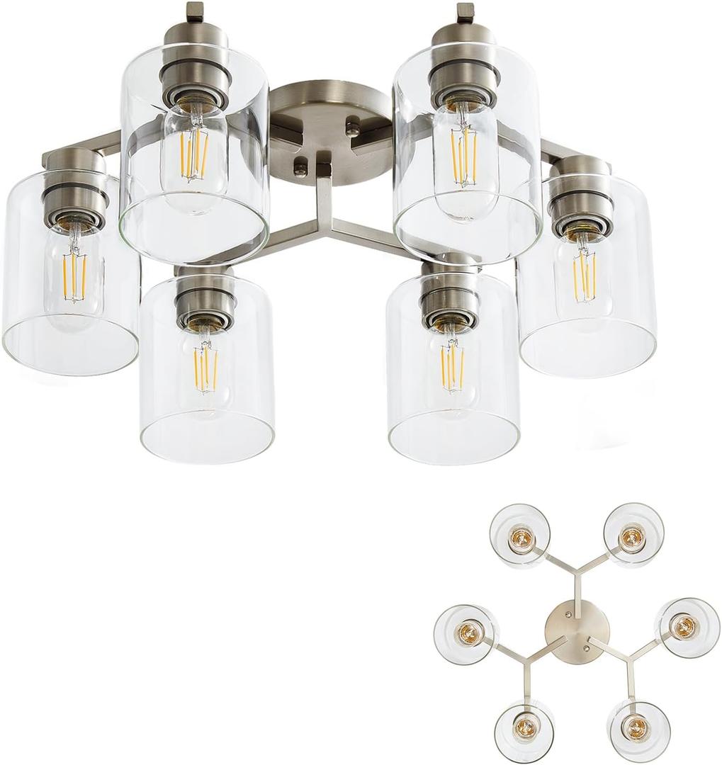6 Light Semi Flush Mount Ceiling Light Modern Brushed Nickel Ceiling Light Fixtures Kitchen Lighting Fixtures ceiling with Clear Glass Shade for Kitchen Bedroom Living Room Dining Room