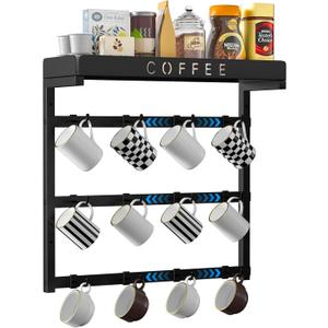 Coffee Mug Holder Wall Mounted with 12 Movable Hooks, Metal Coffee Cup Holder with Top Shelf, Mug Rack Wall Mount for Home Kitchen Display and Collection