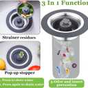 4 x 3 in 1 Kitchen Sink Drain Strainer and Stopper Combo, Stainless Steel Pop Up Kitchen Sink Stopper, Sink Drain Strainer for Standard 3-1/2 Inch Drain