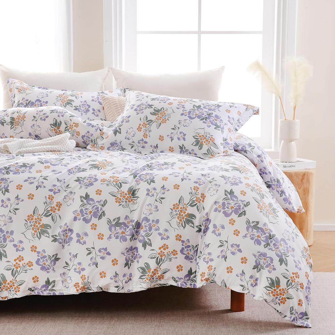 100% Cotton Duvet Cover King Size, Reversible Floral Duvet Cover Set King Cotton with Zipper Closure, Soft 3 Pieces Bedding Set with 2 Pillow Shams (20"x36") (Purple Flower)