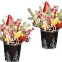 KC&KST 2PC Christmas Centerpieces for Tables with LED Lights - Tabletop Artificial Floral Arrangement Decorations, Pine Cones and Berries, Xmas Small Potted Holiday Table Decor(Small Christmas Tree)