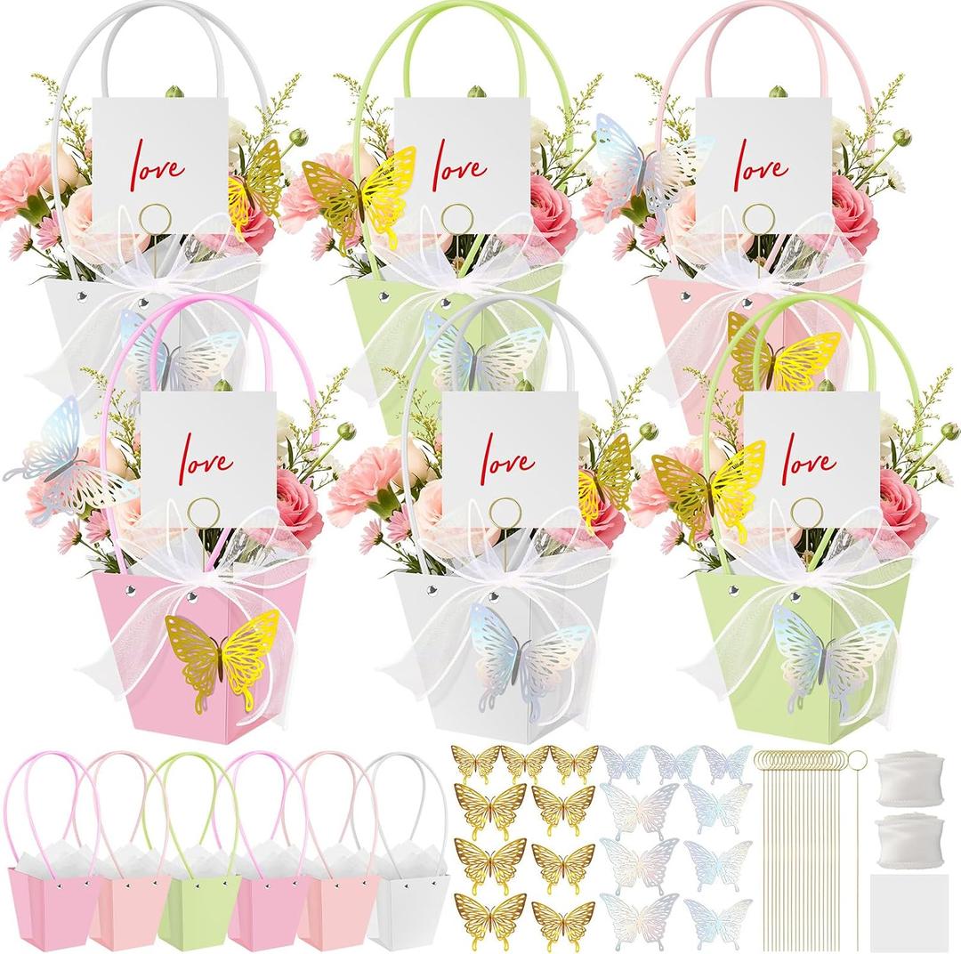 Cinrobiye Floral Gift Bags Set 12 Pcs Paper Flower Gift Bags with Handles for Bouquets Mothers Day Graduation Teacher Appreciation Birthday Wedding Back to School Year End Floral Gift Packaging Bags