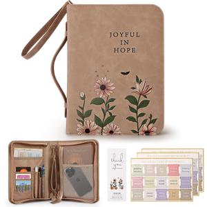 Bible Cover Case, Premium, Leather Carrying Case with Handle&Zippered Pocket for Standard Size and Bible Accessories, Large Bible Bag, Ideal Gift for Women Men Lady Girls (Brown)