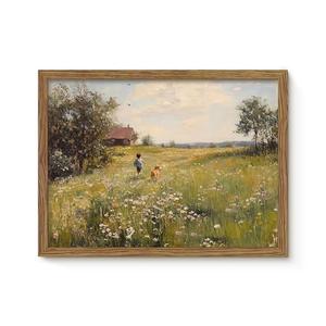 Vintage Framed Canvas Wall Art, Rustic Wall Decor, Boy Running in the Flower Field Pictures Prints, Farmhouse Landscape Oil Painting, Country Artwork for Living Room Bedroom – 8x10in