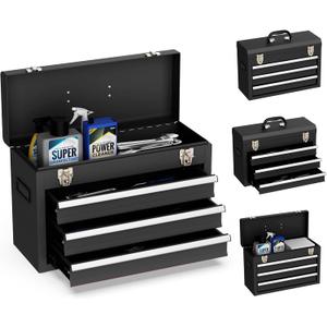 Portable Metal Tool Box, 3 Drawer Steel Tool Box with Top Storage Tray and carrying Handle, Multi-Function Tool Storage with Anti-slip Liner for Garage, Home, or Workbench (Black)