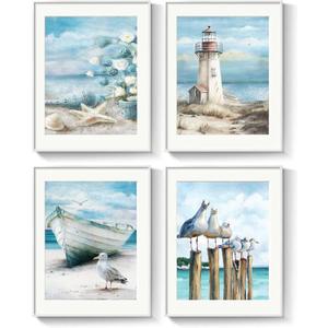 4Pcs Paint by Numbers Kit for Adults Beginner, 12x16 inch Lighthouse Beach Boat Seagulls, DIY Acrylic Watercolor Oil for Living Room Bathroom Home Decor Gift