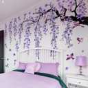 Lilac Wall Decoration Large Cherry Blossom Tree Wall Stickers, 4 Sheets Spring Purple Flower Bird Wall Decals Peel and Stick Wall Murals Decor for Living Room Bedroom (Purple, 11.8 * 35.4inch)