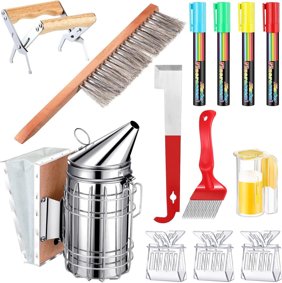 Qualirey 13 Pcs Beekeeping Supplies Bee Keeping Starter Kit Queen Bee Marking Tool Bee Supplies Bee Brush Beekeeping Bee Smoker All for Beekeepers Including Different Kinds of Beekeeping Tools