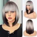 FAELBATY 14" Bob Wig, Brown Grey Ombre, Heat Resistant Synthetic Wig, Cosplay Wig for Women, Shoulder Length, Dark Roots, Natural Hair