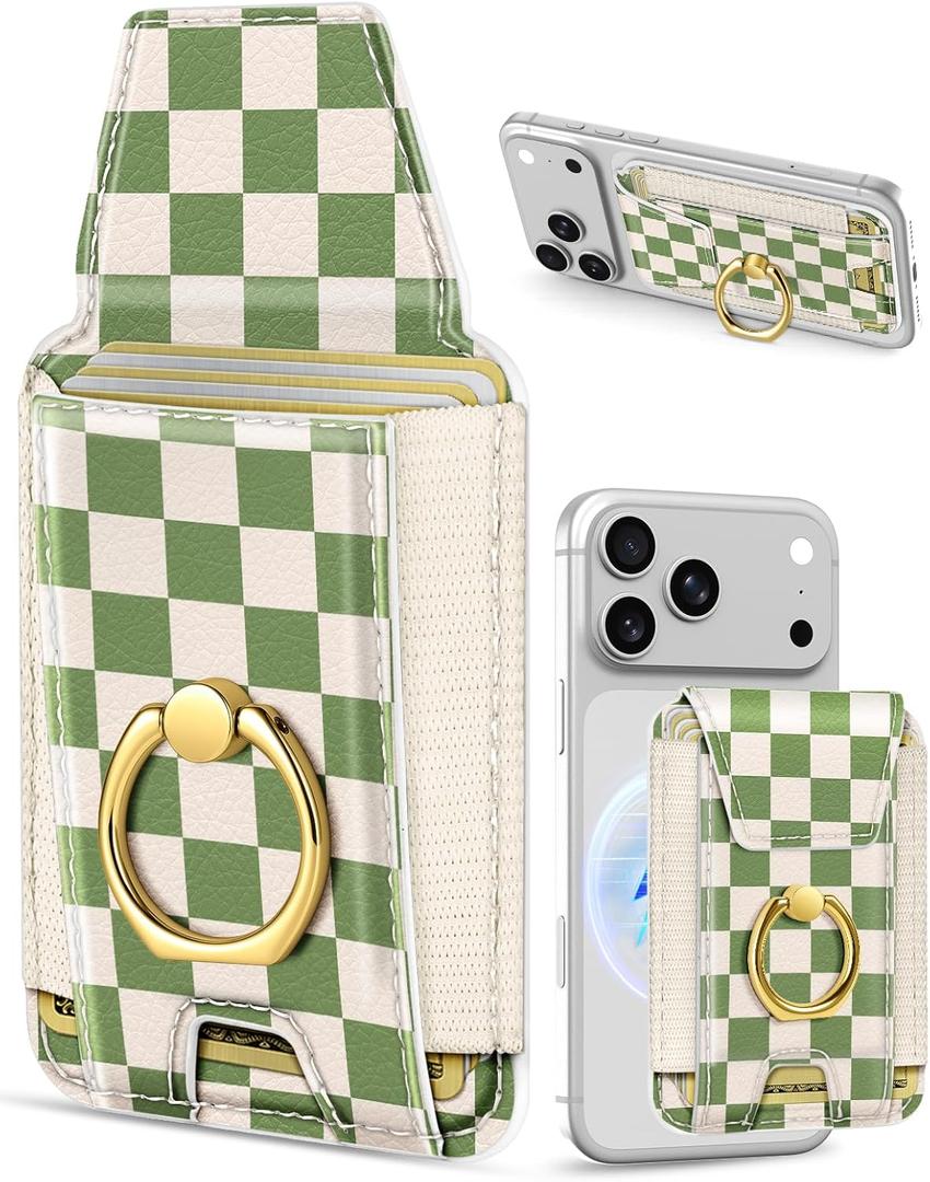 Shorogyt Compatible with Magsafe Wallet with Ring Grip Magnetic Card Holder - Cute Phone Wallets with Stand for iPhone 17/16/15/14/13/12 Series for Women Girls Green Grid Design, Fit 7 Cards