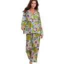 Womens Silk Satin Pajamas Set Button Down 2 Piece Pjs Long Sleeve Oversized Sleepwear with Pockets L