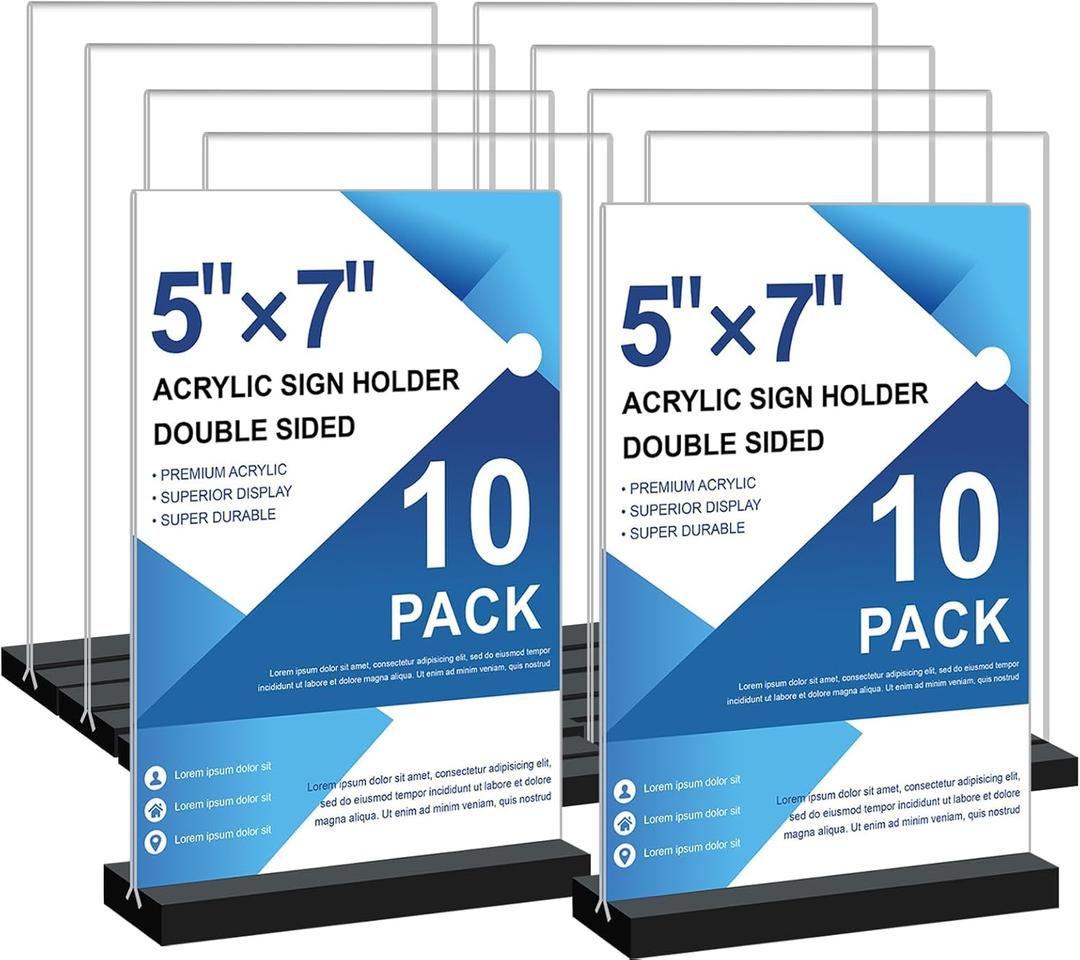 Acrylic Sign Holder 5x7 - 10Pack Vertical Double Sided Acrylic Sign Stands, Clear Table Menu Display Stand Paper Holder, Plastic Flyer Holder, Vendor Booth Display Items
