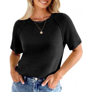 Cicy Bell Womens Short Sleeve Sweater Crewneck Knit Tops Fall Casual Loose Pullovers Shirts (Black)