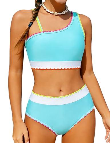 Funnycokid Teen Swimsuits for Girls Two Piece Bathing Suit Kids Green 13-14 Bikini Sets with Chest Pad Adjustable Straps Swimwear
