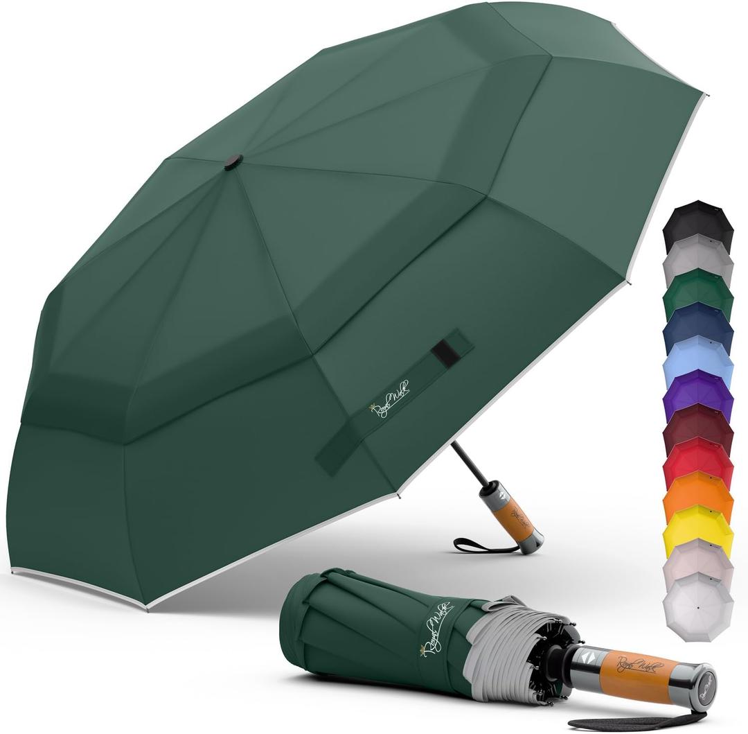 Royal Walk Windproof Folding Travel Umbrella Compact and Strong Luxurious Real Wood Handle Automatic Open Close Vented Double Canopy for Men and Women (Dark Green)
