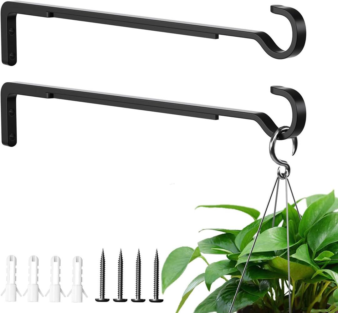 14 Inch 2 Pack Heavy Duty Outdoor Plant Hangers for Hanging Baskets, Iron Plant Brackets Outside, Metal Plant Wall Hooks for Lantern, Bird Feeder (Black)