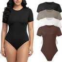 Dalavch 4 Pack Short Sleeve Bodysuit for Women Crew Neck Stretchy Casual Basic Fitted Body Suits T Shirt Tops Size L
