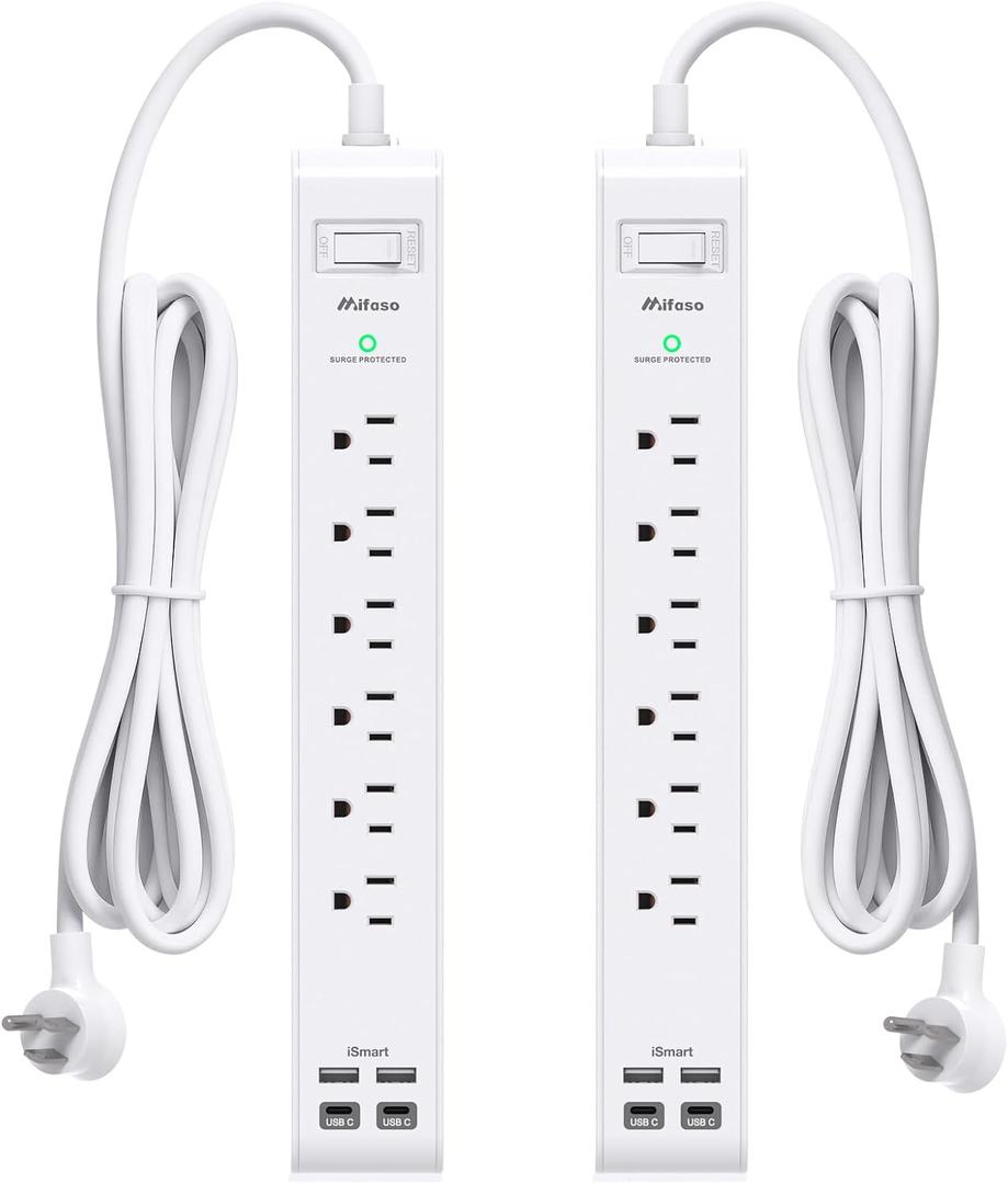 2 Pack Power Strip, 12FT Long Extension Cord, Surge Protector with 6 Outlets and 4 USB Ports (2 USB C), Flat Plug Overload Protection, Extension Cord 10+ ft, Wall Mount for Home Office Dorm College