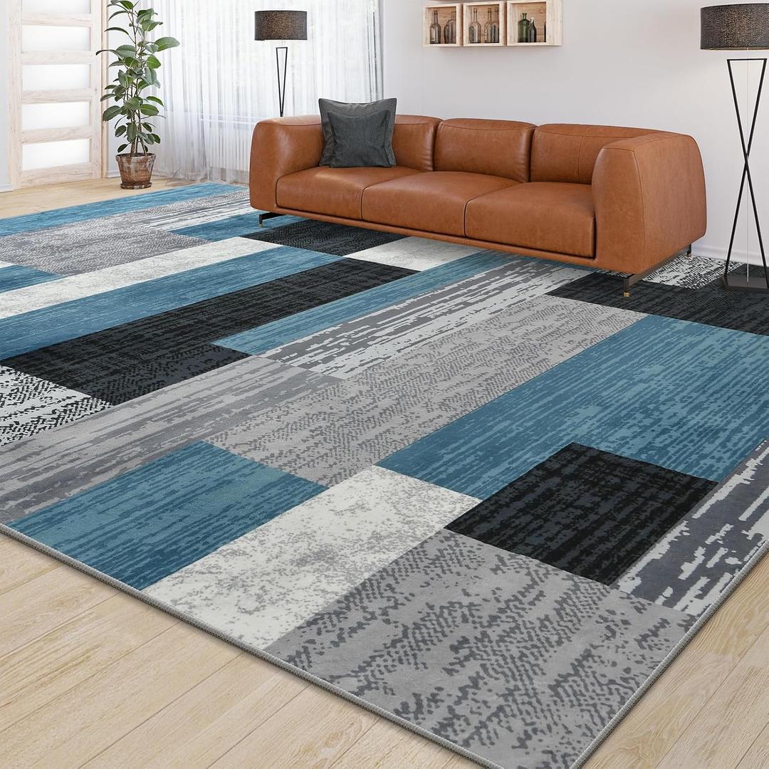 Large Area Rugs,Modern Geometric Patchwork Floor Decor for Bedroom Aesthetic Carpet, Rockwood Collection, Indoor Rugs for Living Room, Dining Room, Nursery, Office, Machine Washable Rug,9x12 Ft Blue