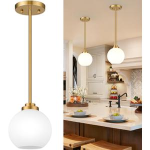 2 Pack 7.2-Inch Globe Pendant Lights, Mid Century Gold Pendant Light Fixtures, Globe Pendant Lights Kitchen Island with Milk Glass Shade Adjustable Hanging Fixture for Dining Room (Bulbs not Included)