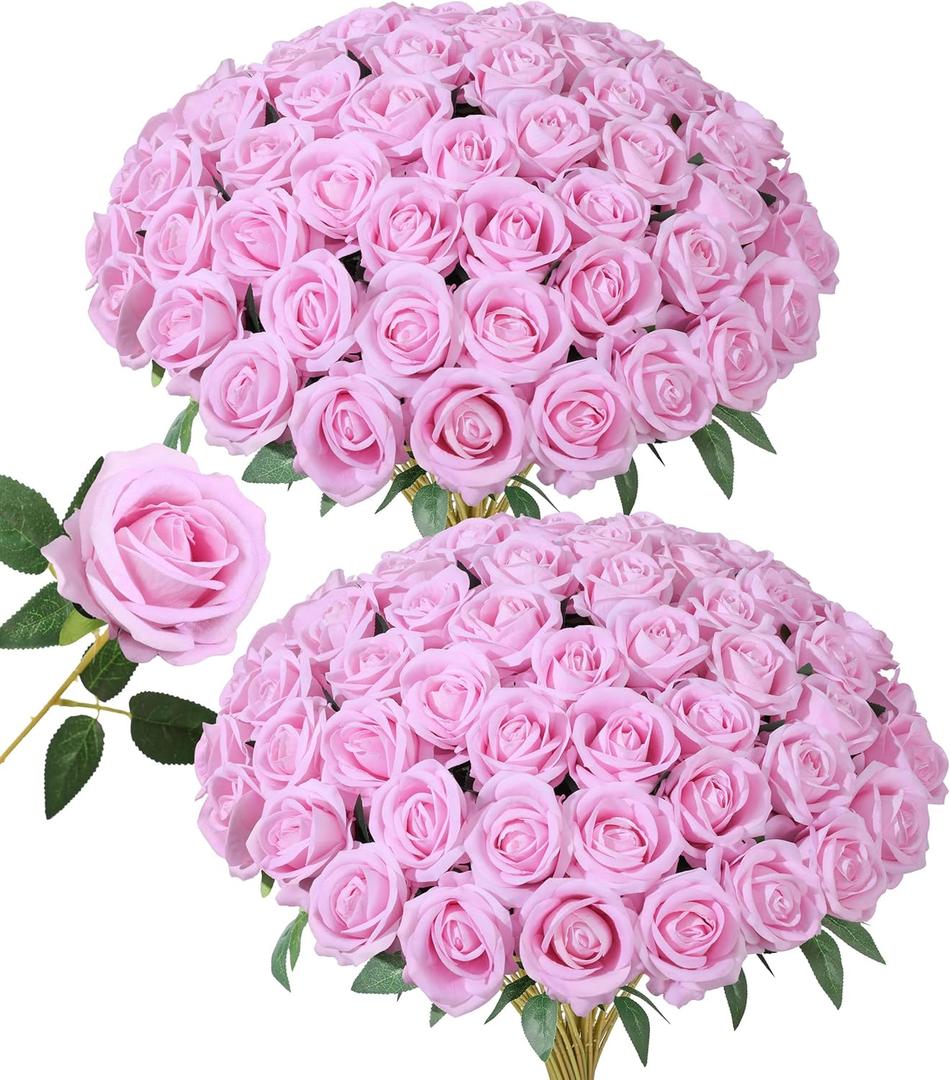 50 PCS Pink Roses Artificial Flowers, Fake Roses with Stem Realistic Silk Roses for DIY Wedding Bouquets Table Centerpieces Arrangements Baby Shower Birthday Home Decor Valentine's Day Gift for Her