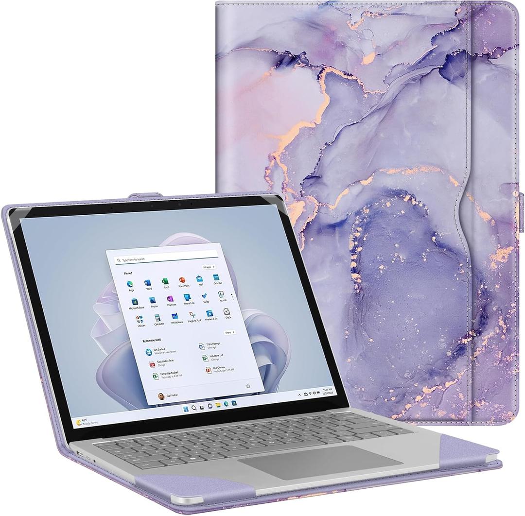 Fintie Sleeve Case for 13.8 Inch Microsoft Surface Laptop 7 (Model: 2036), 13.5 Inch Surface Laptop 6/5/4/3/2 (Model: 1951/1868/1958/1950/1867/1769) - Folio Book Cover with Large Pocket, Lilac Marble