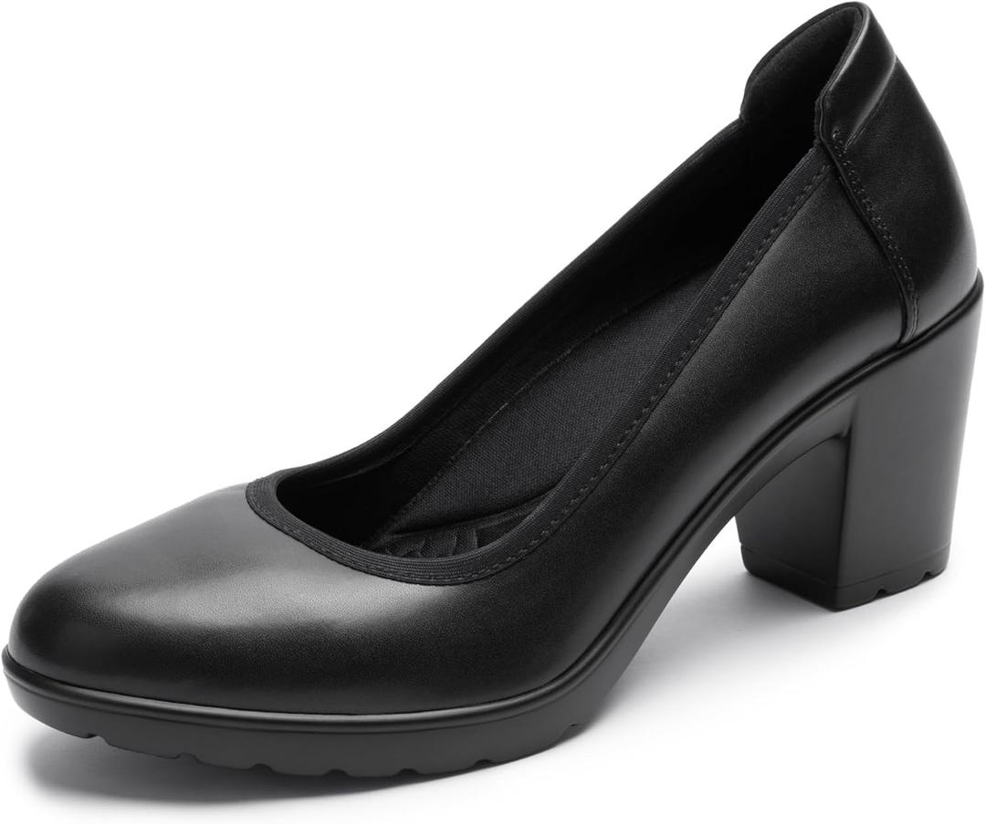 Women's Pumps with Arch Support, Chunky Closed Round Toe Block Heels for Women, Comfortable Low Heel Work Dress Shoes (9, Black)