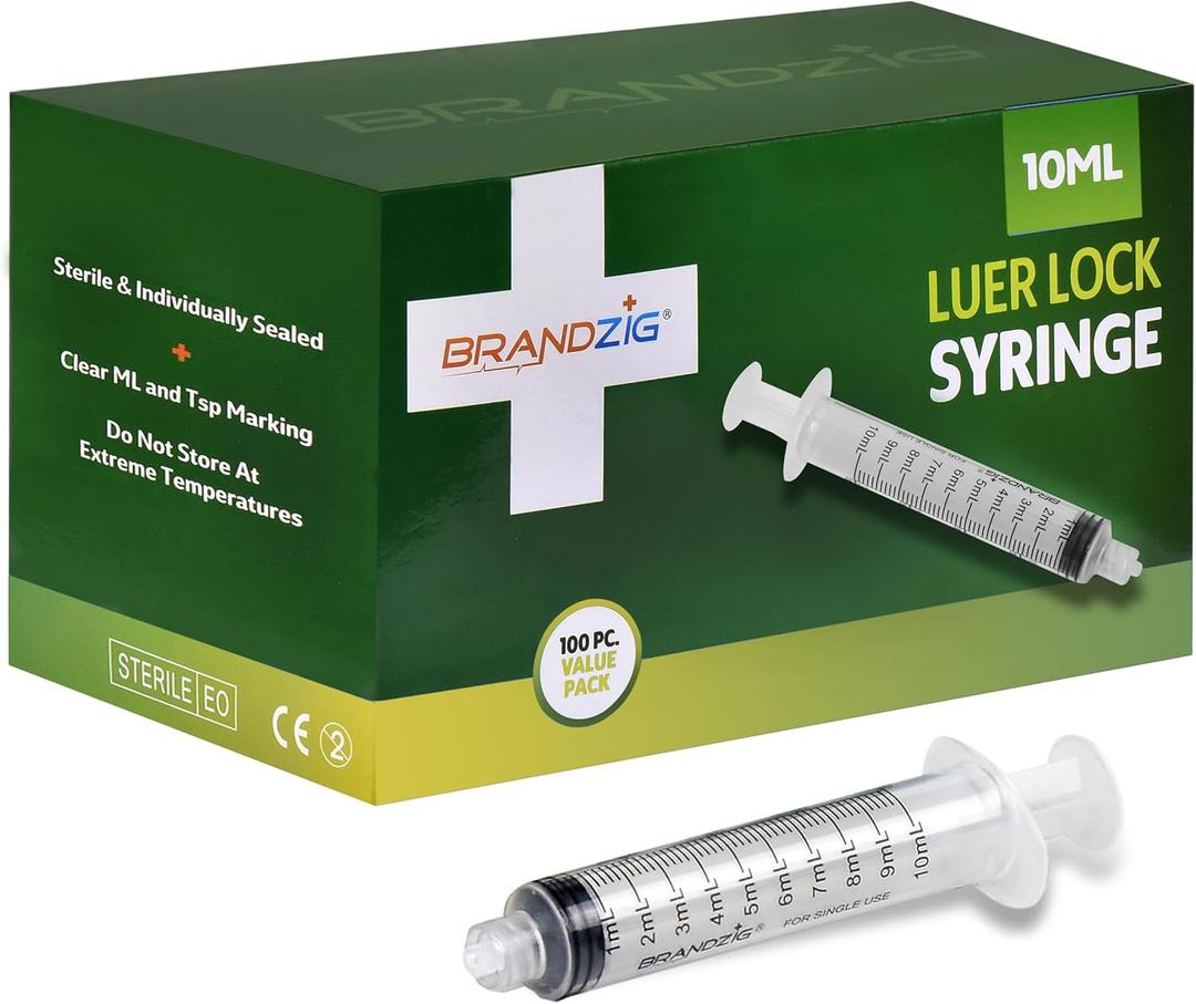 10ml Luer Lock Syringe (No Needle) - Sterile, Individually Wrapped - 100 Pack - for Professional & Personal Use