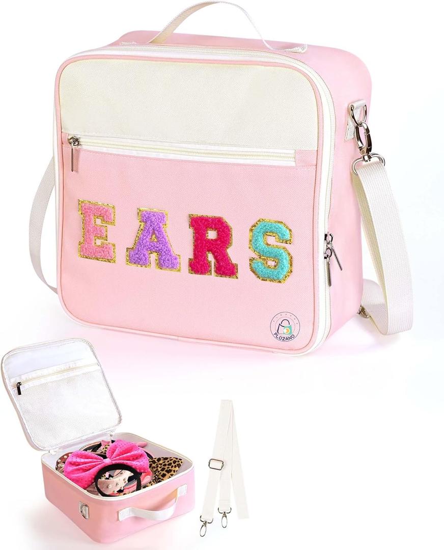 Mouse Ears Travel Case Multipocket Large Chenille Letter Mouse Ears Headband Holder with Shoulder Strap 11"x11"x4.5" (Pink)