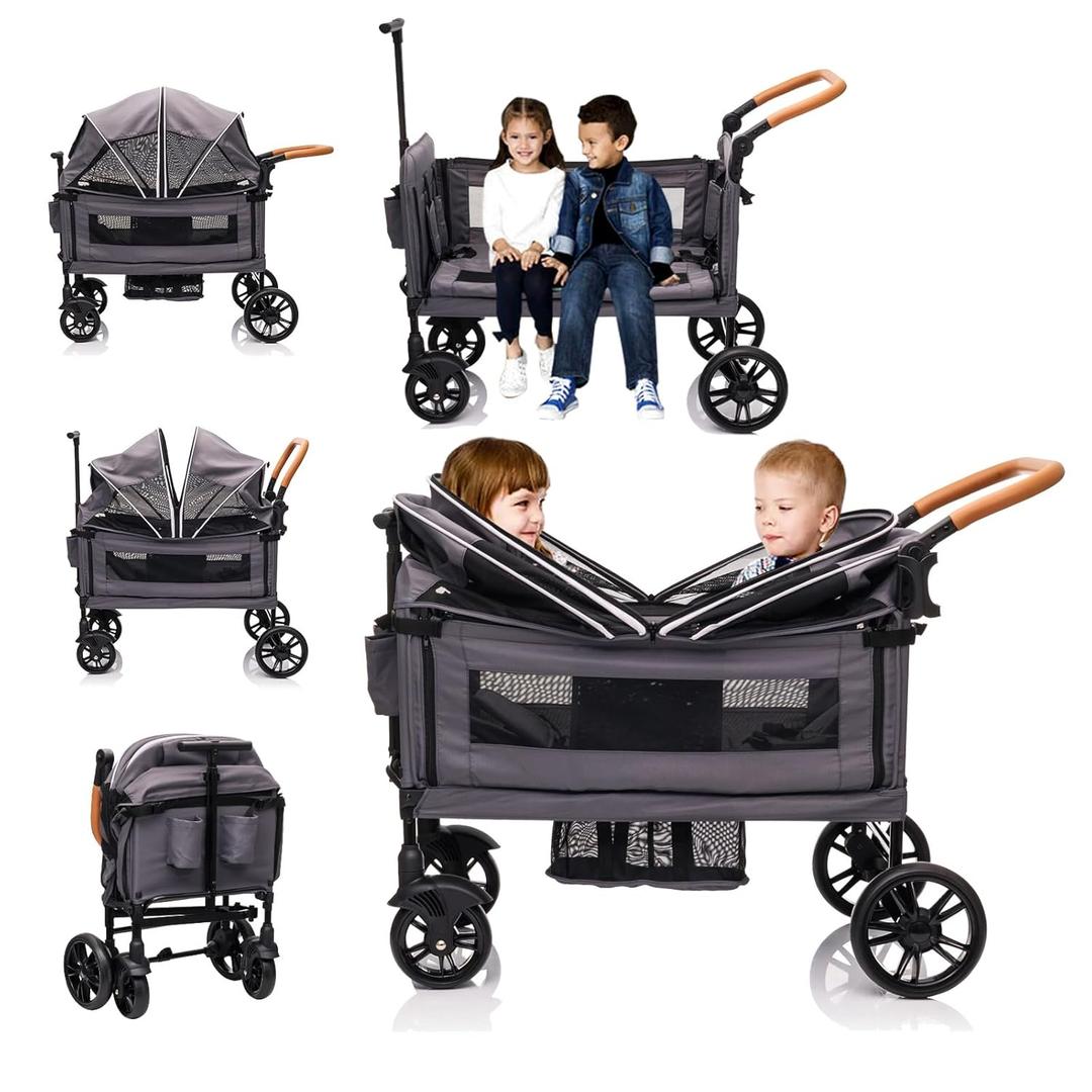 Wagon Stroller for 2 Kids & Cargo-Push-Pull Double Baby Wagon Lightweight Travel Folding Stroller for Toddler with 5-Point Harness,Adjustable Handle Bar and Canopy,Tray Table,Cup Holder(