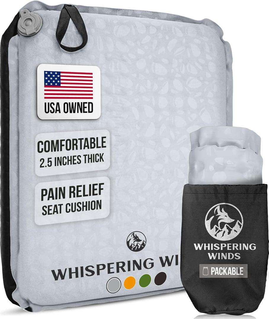 Whispering Winds Inflatable Seat Cushion  Comfortable Blow-up Foam Pad for Airplane, Travel, Stadium, Camping & Car (X-Large, Gray)