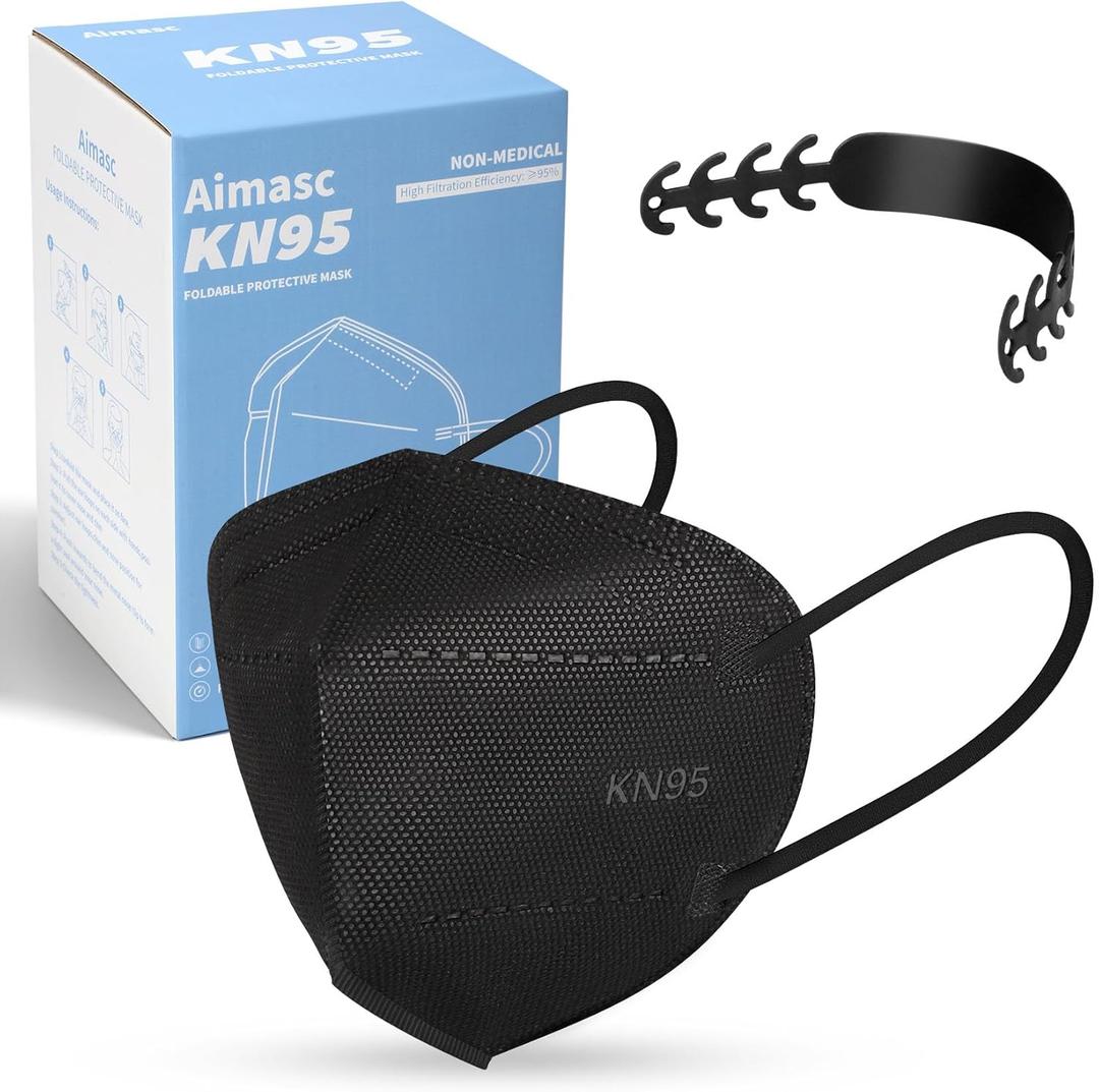 60/100 Pcs KN95 Face Mask for Adults,5 Layer Cup Dust Safety Masks, Filter Efficiency95%,with 10/20 Adjustable Mask Holder (100-a2 Black)