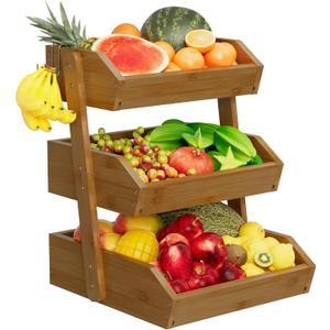 Hellojin 3 Tier Fruit Basket For Counter, Large Capacity Fruit Storage Countertop, Fruit Holder, Wooden Pantry Organizers and Storage, Kitchen Countertop Organizer With 2 Banana Hangers (Walnut)