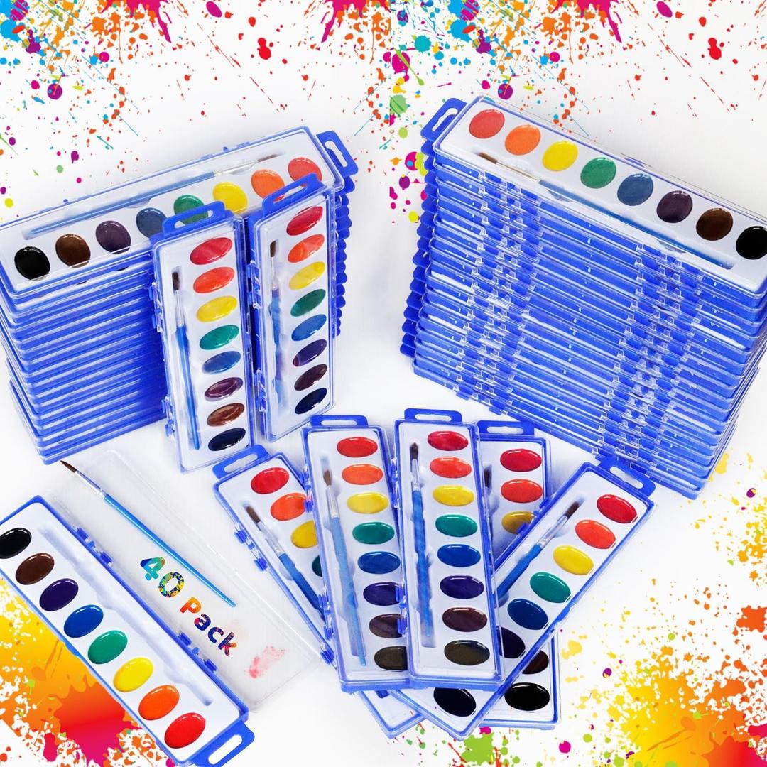 40 Pack Watercolor Paint Set Bulk -Kids Watercolor Paint Set with Brushes | Washable Non-Toxic Water Color Paint Sets for Kids Bulk, Adults, Classrooms, Parties & Art Activities.