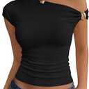 Trendy Queen Womens Off The Shoulder Tops Going Out Cap Sleeve Y2k Fashion Sexy Ruched Crop Shirts Cute Summer Blouses 2026 Black Small