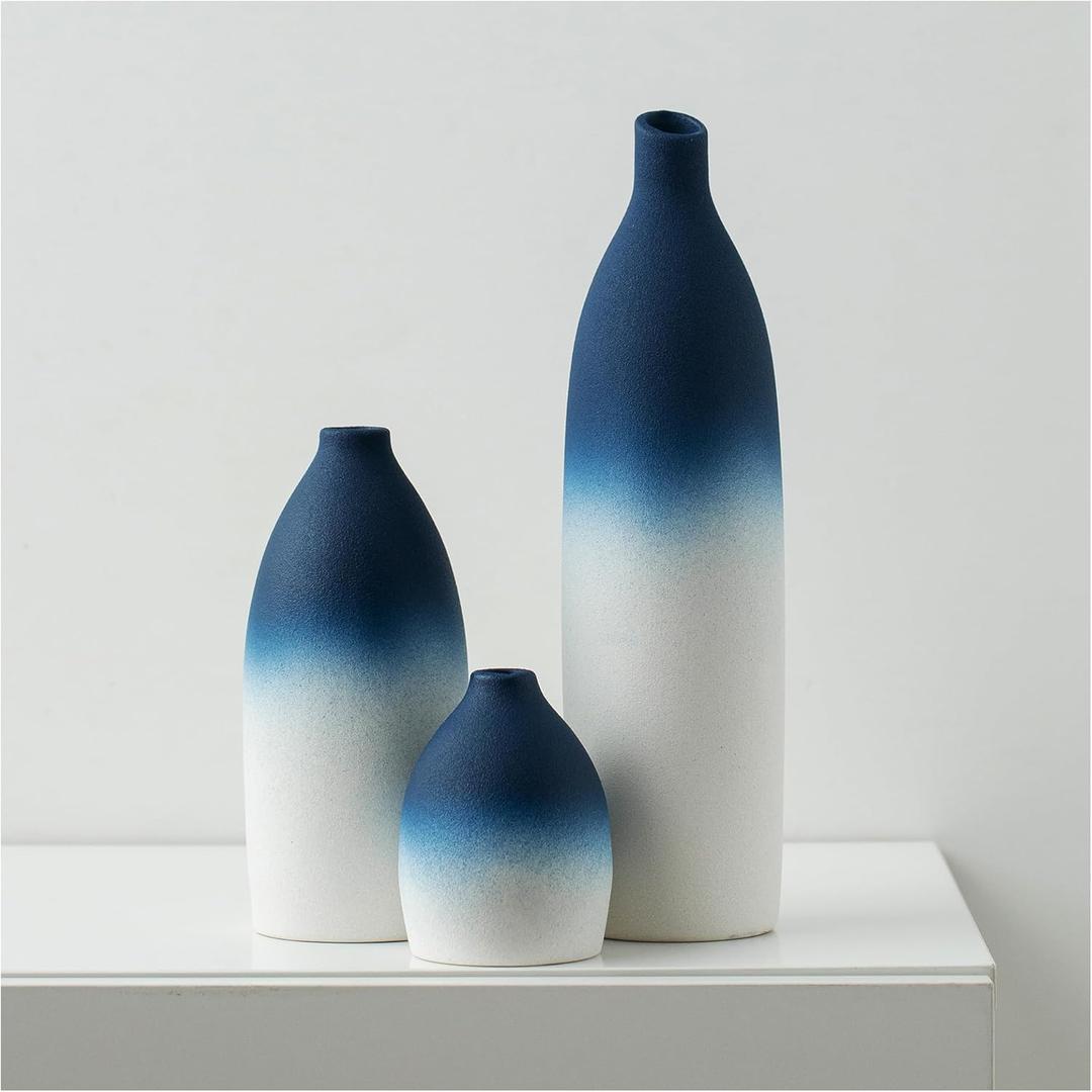Mdaolv Blue and White Vase Set Navy Blue Decor Coastal Decor Vases for Kitchen Island Living Room Office Table Fireplace Mantle Decorations & Bathroom Shelf Decor Centerpiece Table Decorations Ceramic