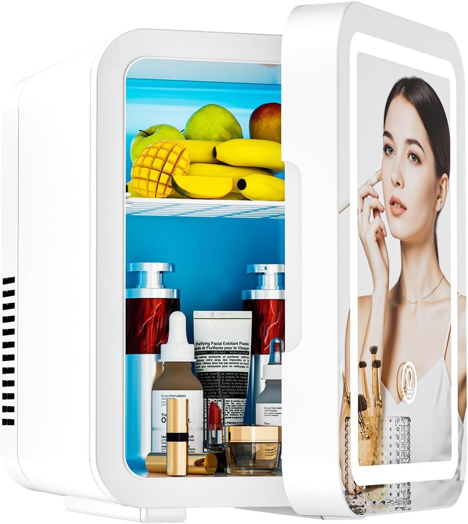 Mini Skincare Fridge with LED Light Mirror, 4 Liter/6 Can Compact Makeup Refrigerator for Bedroom - Portable Mini Fridge for Makeup, Skincare & Food, AC/DC Power for Home & Car
