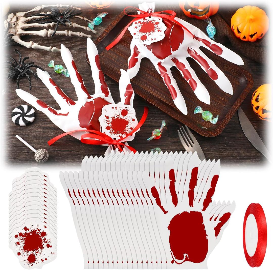 Dansydaisy 60 Sets Skeleton Halloween Hand Treat Bags with Card Scary Hand-shaped Treat Bag with Ribbon for Halloween Horror Theme Birthday Party Snacks Cookies Packing Supplies (Bloody Red)
