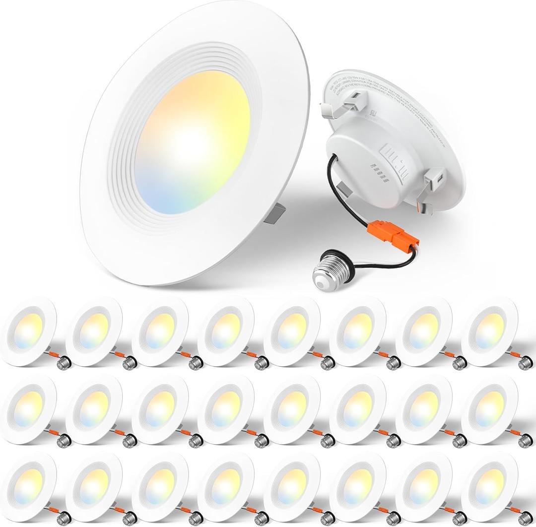 Amico 24 Pack 4 inch 5CCT LED Recessed Lighting, Dimmable, 8.5W=60W, 650LM, 2700K/3000K/4000K/5000K/6000K Selectable, Retrofit Can Lights with Baffle Trim, IC Rated - ETL & FCC, White