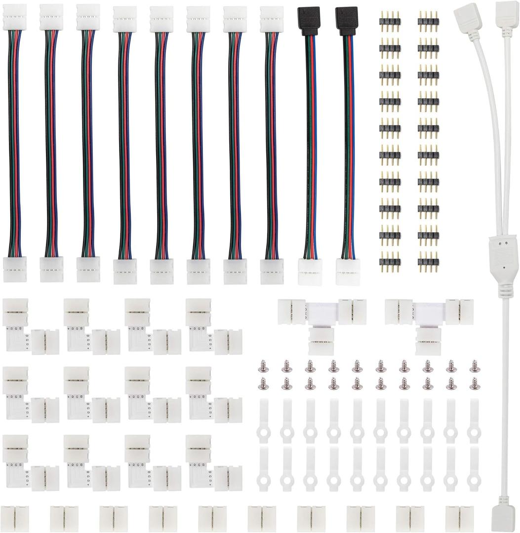 LED Strip Connector Kit for 5050 10mm 4Pin, Includes 8 Types of Solderless LED Strip Accessories, Provides Most Parts for DIY