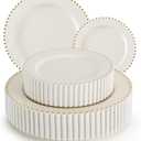 ejonirinjonir EI 60pcs Beige Plastic Plates with Gold Rim,Ivory Disposable Plates,Heavy Duty Fancy Plastic Plate,10" Dinner & 7" Dessert Plate Elegant for Party,Wedding,Birthday,Spring,Afternoon tea