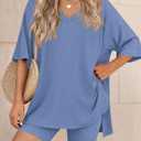 PRETTYGARDEN 2 Piece Sets for Women Summer 2026 Lounge Short Set Spring Matching Biker Shorts V Neck Oversized Shirt Clothing (Blue, XL)