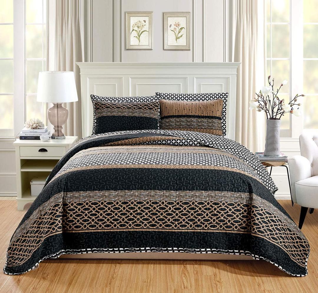GrandLinen 3-Piece Fine Printed Oversize (115" X 95") Quilt Set Reversible Bedspread Coverlet King Size Bed Cover (Black, Brown, Taupe, Beige Lattice)