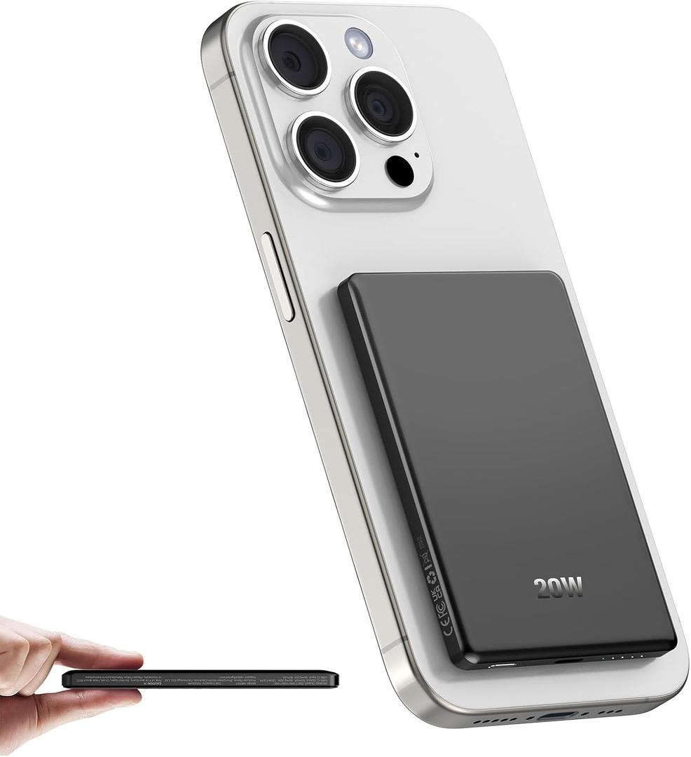 Magnetic Portable Charger PowerBank, 5,000mAh Mag Slim Wireless Power Bank with USB C PD 20W QC3.0 Wired fast charging, Battery Pack Compatible with iPhone 17/16/16 Pro/16 Pro Max/15/15 Pro Series