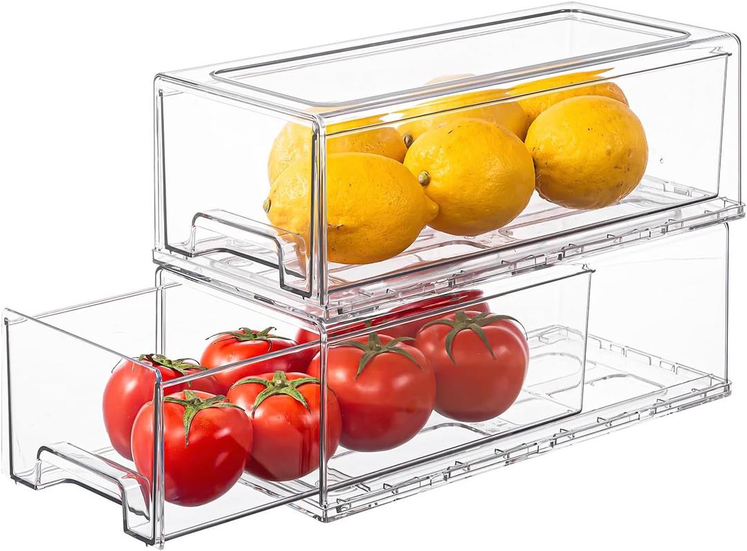 Clear Stackable Refrigerator Organizers and Storage Drawers - Pull-Out Fridge Bins with handles for KitchenPantryCabinetBathroom, UndersinkCloset (2 Pack)