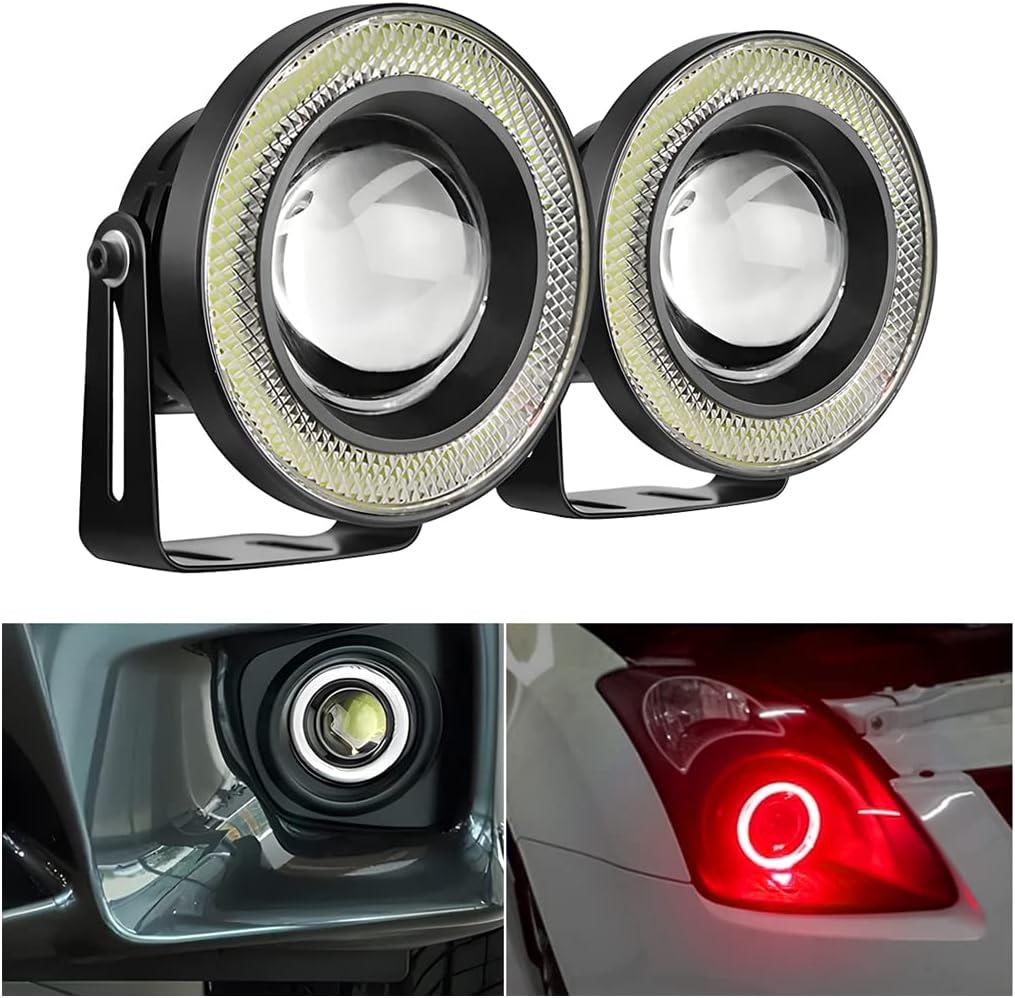 2PCS Car Angel Eye Fog Light, Round COB LED Lamp High Power Bright with White Halo Angel Eye Rings Headlight, Universal Daytime Running Light DRL Car Driving Bulbs Projector (Red)